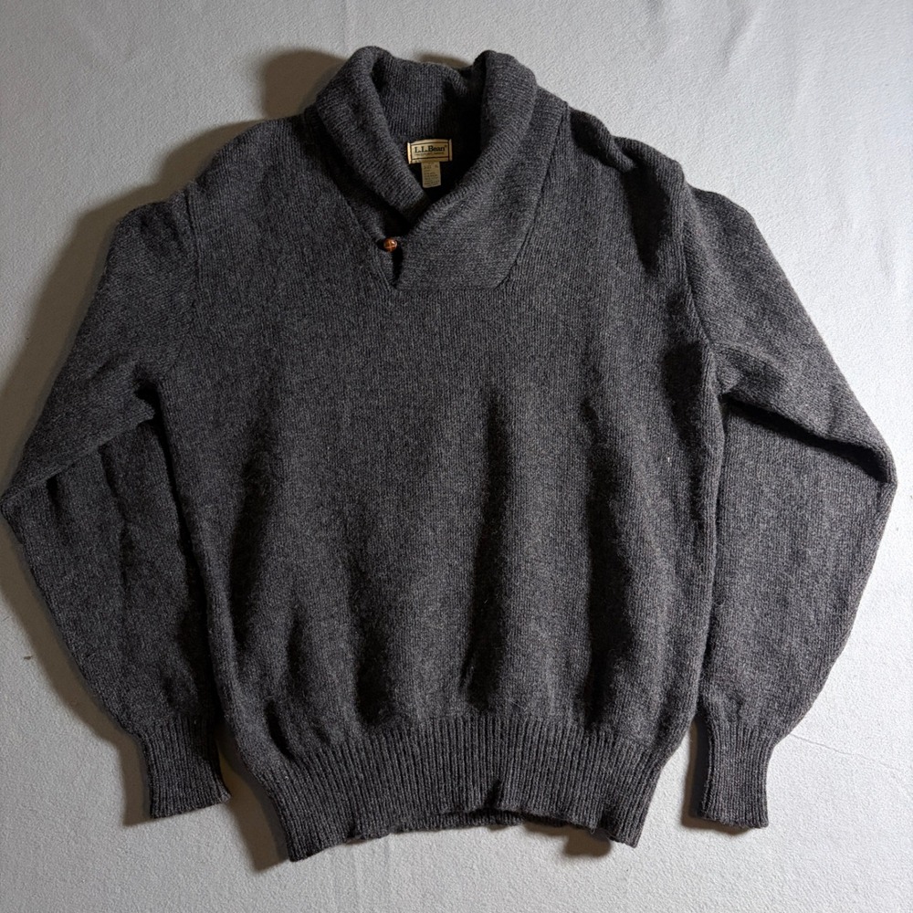 LL Bean Mens XL Shawl Collar Wool Blend Sweater Gray 2564 Made in USA Vintage